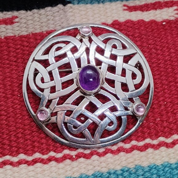 Vtg Irish Celtic Knot Brooch Pendant Sterling Silver Amethyst Signed DMC - Picture 1 of 8